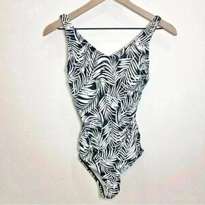 Speedo Women’s Palm Leaf Print One Piece Black White Swimsuit Size 6